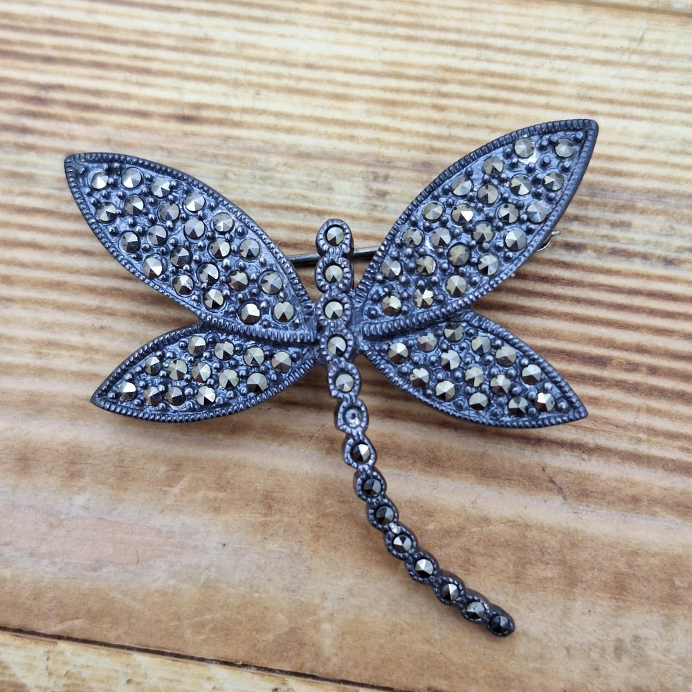 Dragonfly Brooch Pin‎ Sterling Silver 925 Marcasite  CFJ - Missing A Stone